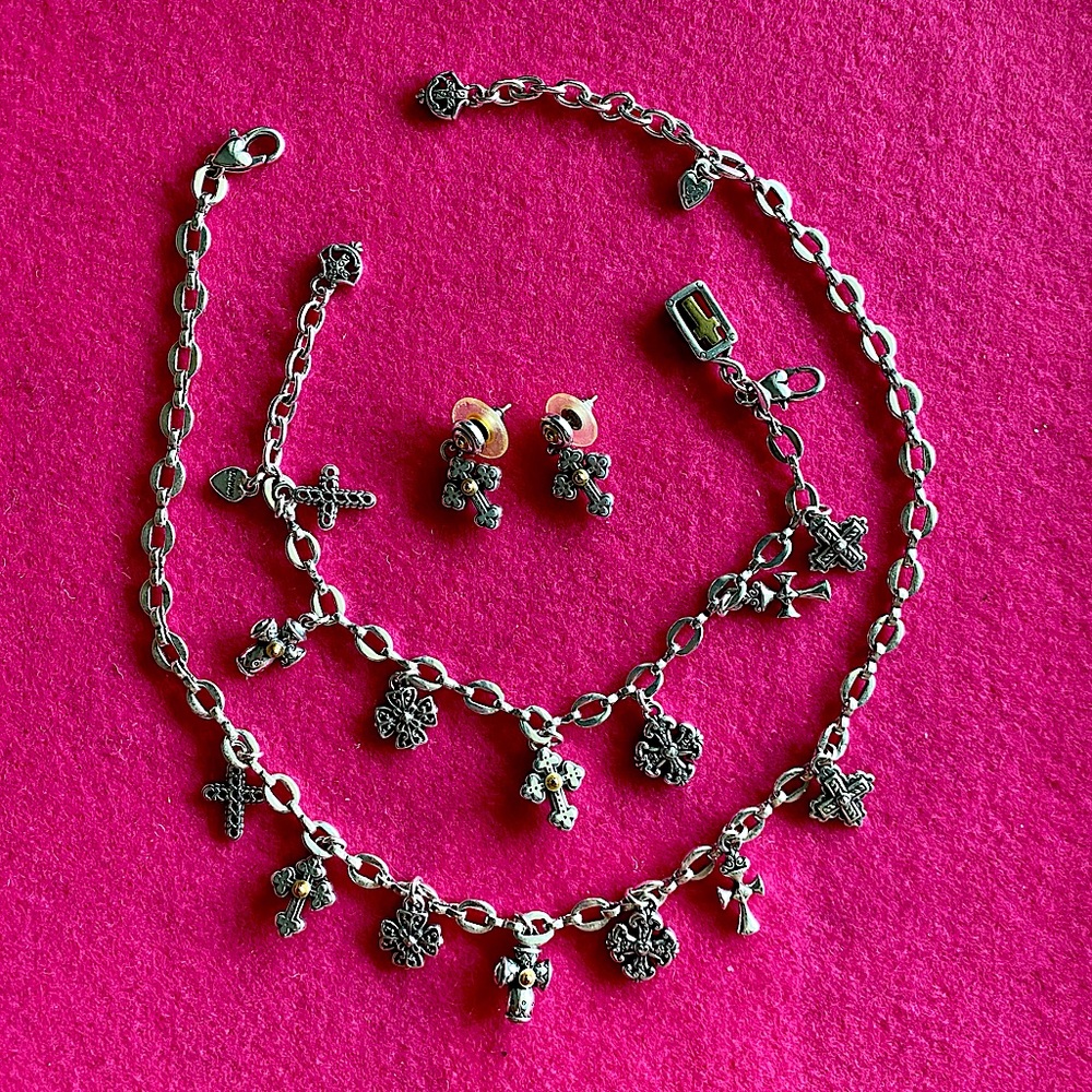 Brighton Eternity Cross set: necklace, bracelet, earrings. Silver+gold tone.